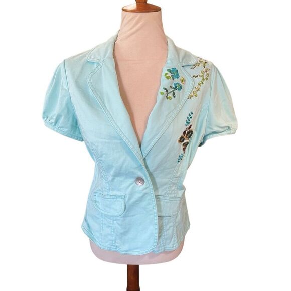 Live A Little Aqua Blue Embroidered Rhinestone Lightweight Jacket Size Medium - Picture 2 of 15